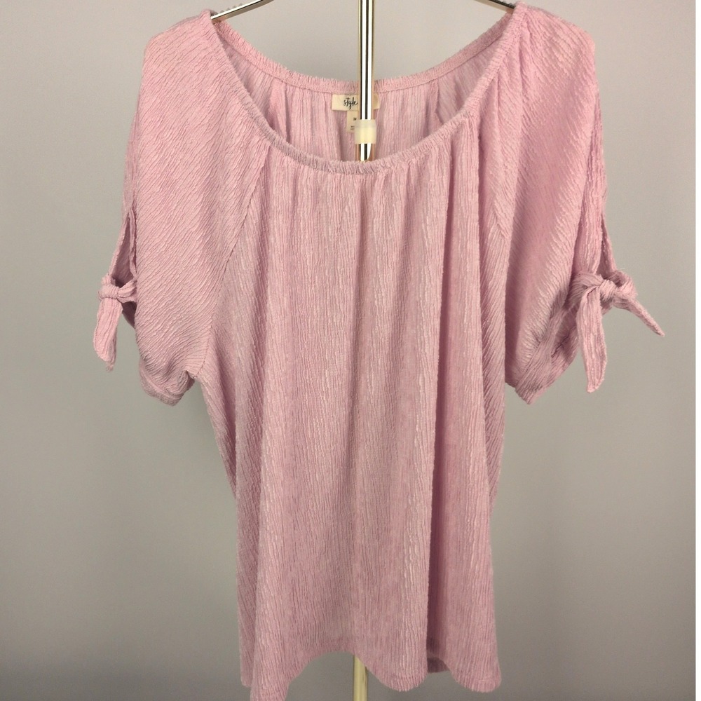Style & Co Blouse Women 3X Pink Textured Tie Sleeve Peasant Top Plus Size Boho